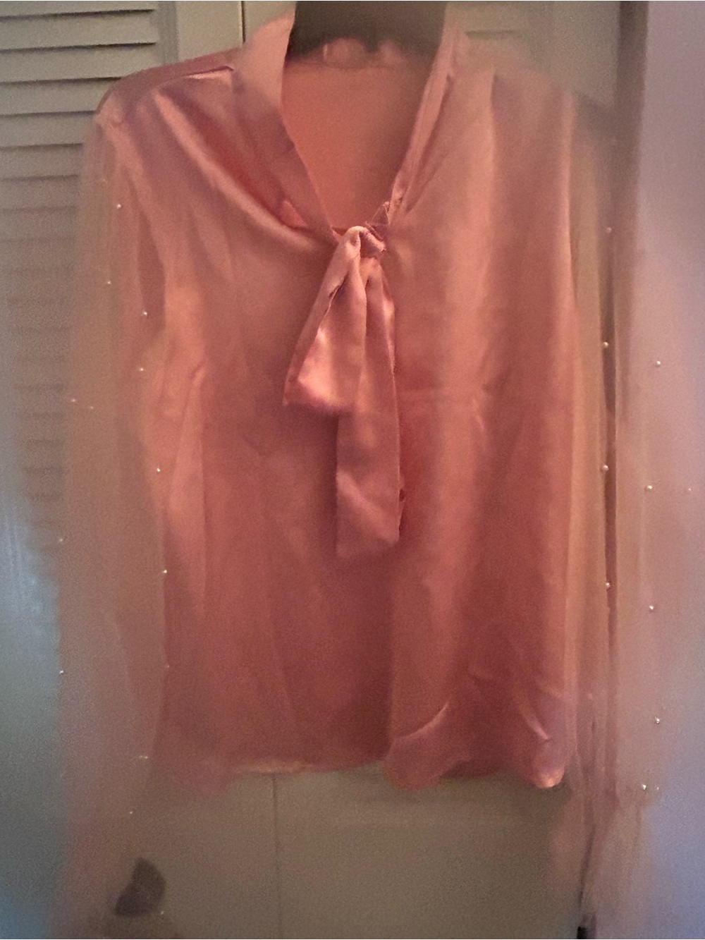 Silky Pink Tie-Neck Blouse with Sheer Beaded Sleeves